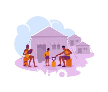 Mülteci kampı 2D vektör web pankartı, poster. Yasadışı göçmen göçmen yerleşim yeri karikatür arka planında düz karakterler. Göçmen ailesi çadırlarda yazdırılabilir yama, renkli web ögesi