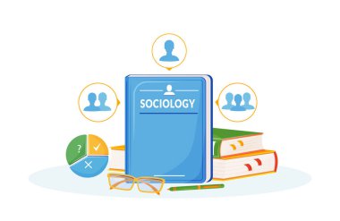 Sosyoloji düz konsept vektör çizimi. Okul konusu. Sosyal bilimler metaforu. Üniversite kursu. Toplum eğitimi. İnsanlar etkileşim analizi yapar. Öğrenci ders kitapları 2B çizgi film nesneleri