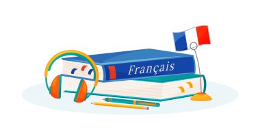 Fransızca öğrenen düz konsept vektör çizimi. Yabancı dil kursu. Okul konusu. Dilbilim metaforu inceler. Üniversite sınıfı. Öğrenci ders kitabı ve sözlük 2B karikatür nesneleri
