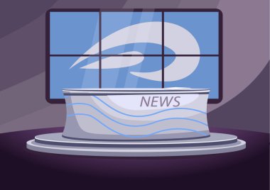 Haber stüdyosu düz renk çizimi. Boş haber yayını sahne 2D karikatür iç mimarisi arka planda ekranlar. Profesyonel haber spikeri, haber spikeri. TV kanalı yayın stüdyosu