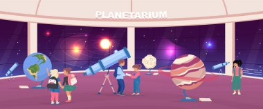 Planetaryum düz renk çizimi için okul gezisi. Çocuklar eğitici gezegen sergilerine bakıyorlar. Arka planda panoramik gökyüzü kurulumuna sahip 2D çocuk çizgi film karakterleri