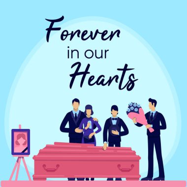 Cenaze töreni sosyal medya modeli. Sonsuza dek kalplerimizde. Web pankartı tasarım şablonu. Destekleyici, yazıyla birlikte içerik düzeni. Poster, baskı reklamları ve düz illüstrasyon