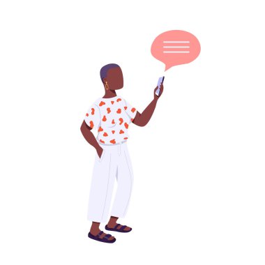 Genç kişi düz renk vektörü, yüzü olmayan karakter. Z jenerasyonu yaşam tarzı. Elinde akıllı telefon tutan Afrikalı Amerikalı kadın web grafik tasarımı ve animasyonu için karikatür çizimleri ayırdı