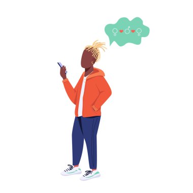 Akıllı telefon düz renk vektör yüzsüz karakteri olan genç bir adam. Z jenerasyonu yaşam tarzı, serbest ilişki. Biseksüel adam web grafik tasarımı ve animasyonu için karikatür illüstrasyonunu izole etti