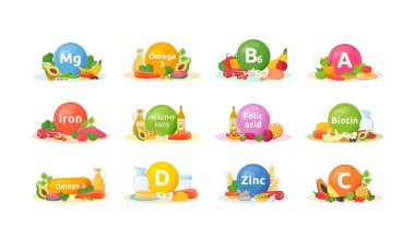 Vitamin zengini ürünler, sağlık çizgi filmi çizimleri için mineraller. Dengeli diyet düz renkli nesne. A vitamini, B6, D. İyi beslenme. Sağlıklı beslenme beyaz arkaplanda izole edilmiş