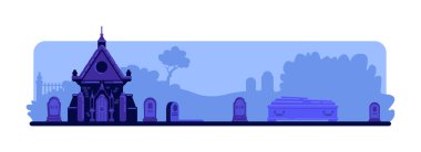 Gece mezarlığı düz renk vektör çizimi. Mezar taşları ve eski mezarlık binası. Tabut ve mezar. Arka planda mezar taşları ve ağaçlar olan ürkütücü mezarlık 2D karikatür manzarası