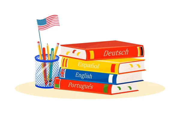 Foreign language learning flat concept vector illustration. Spanish, Portuguese and German languages courses. School subjects. Linguistics study metaphor. Textbook and dictionary 2D cartoon objects