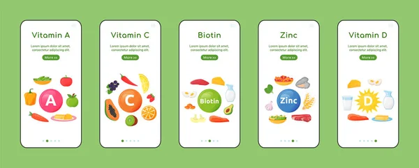 Vitamins Minerals Onboarding Mobile App Screen Flat Vector Template Healthy — Stock Vector