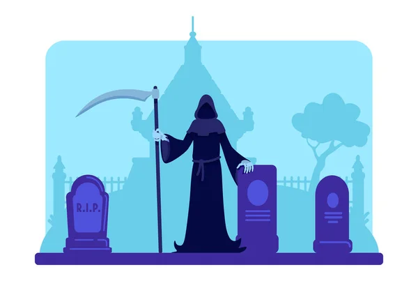 墓地フラットカラーベクトルイラストでスキスとグリムリーパー 墓石と古い地下室だ 死後の概念 背景に墓石や木と不気味な墓地の2D漫画の風景 — ストックベクタ
