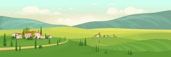 Verão Aldeia Italiana Ilustração Vetorial Cor Plana Toscana Cartoon Paisagem —  Vetores de Stock