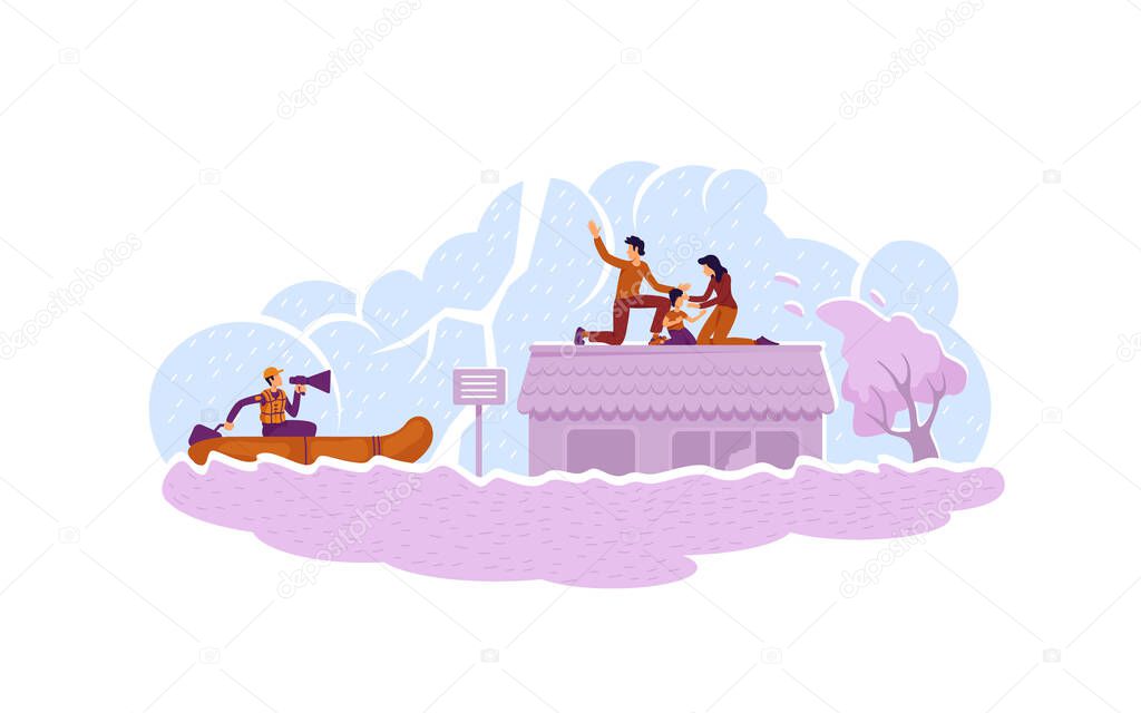 Flood rescue 2D vector web banner, poster. Safeguard service. Rescuer in boat saving family characters on cartoon background. Natural disaster printable patch, colorful web element