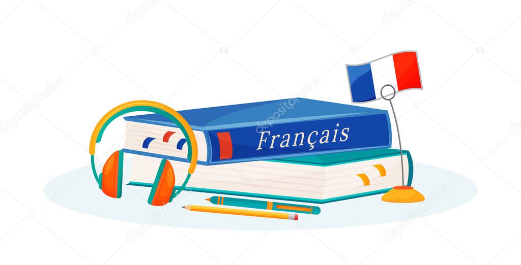 French learning flat concept vector illustration. Foreign language course. School subject. Linguistics study metaphor. University class. Student textbook and dictionary 2D cartoon objects
