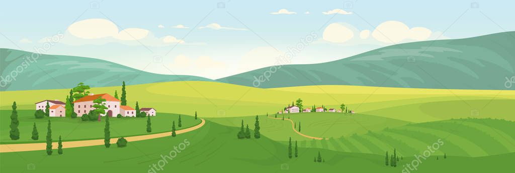 Idyllic rural scenery flat color vector illustration. Italian vineyards and 2D cartoon landscape with green rolling hills on background. European countryside view with cypress trees and houses