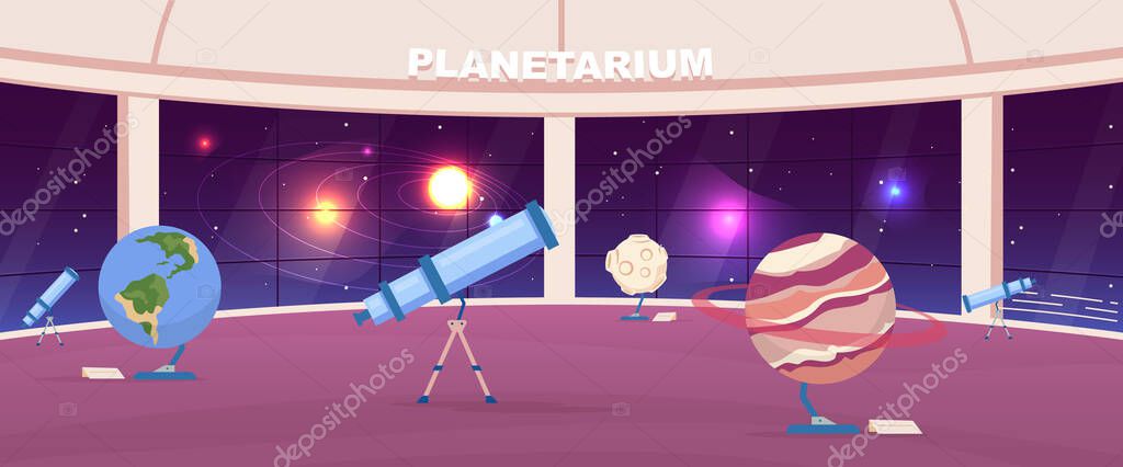 Empty planetarium flat color vector illustration. Interactive public astrology exhibition. Planet exhibits. Astronomy museum 2D cartoon interior with panoramic night sky installation on background