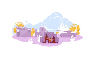 Savaş mültecileri 2D vektör web pankartı, poster. Askeri çatışma kurbanları çizgi film geçmişindeki düz karakterler. Aile duvarın arkasında saklanıyor. Şehir bombalanabilir yaması, renkli web ögesi
