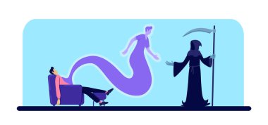 Ölü adam ve Azrail düz renk vektör çizimi. Bir adam öldü. Erkek vücudu ve ruhu evde. Öbür dünya konsepti. Mavi arka planda Hayalet ve Ölüm 2D çizgi film karakterleri