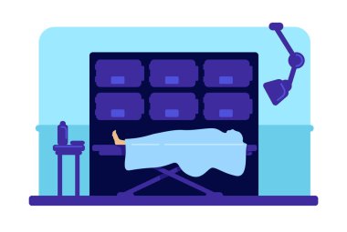 Hastane morgunda ceset düz renk vektör çizimi. Tekerlekli yatakta bir ceset. Morg odası 2D karikatür iç mimarisi tekerlekli yatak ve otopsi için ekipman ve arka planda mumyalama