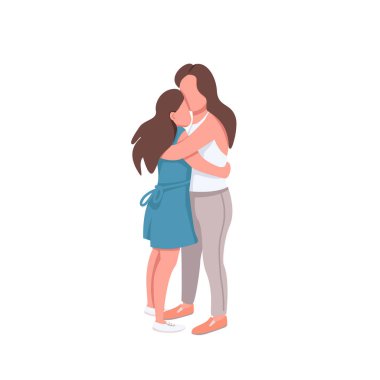 Anne ve kızı düz renk vektörlü yüzsüz karakterler. Anne ergen çocuğa şefkat gösterir. Aile ilişkileri, web grafik tasarımı ve animasyonu için karikatür çizimlerini izole etti