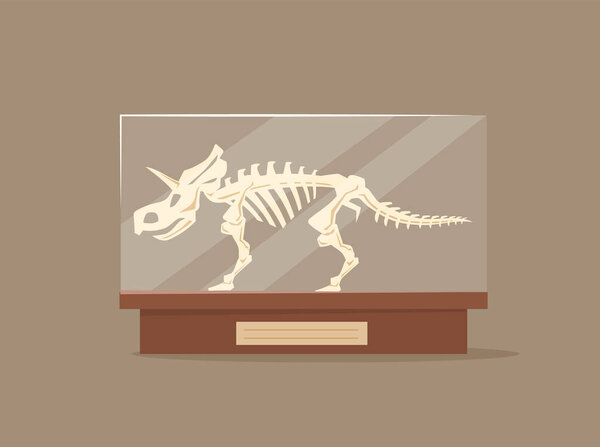 Трицератопсы в стекле демонстрируют векторную иллюстрацию карикатуры. Экспонат музея палеонтологии. Скелет динозавра плоского цвета объект. Доисторические кости хищника на пьедестале изолированы на коричневом фоне

