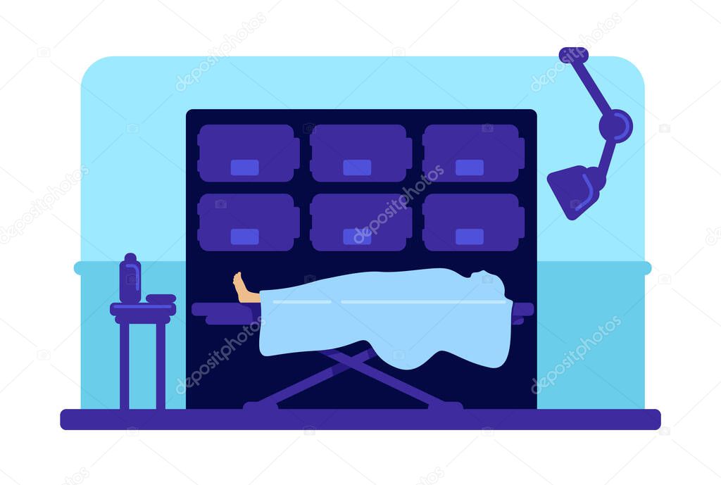 Body in hospital morgue flat color vector illustration. Corpse on wheeled bed. Mortuary room 2D cartoon interior with wheeled bed and equipment for autopsy and embalming on background