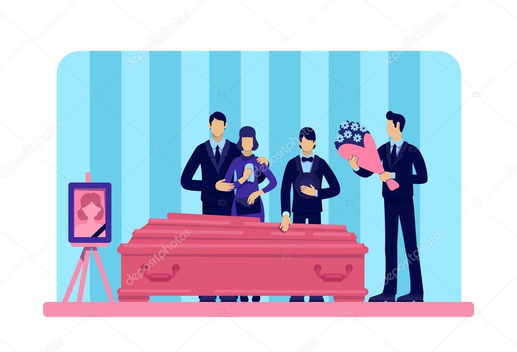 Funeral ceremony flat color vector illustration. Man with flowers. People in grief. Family 2D cartoon characters standing near coffin with dead woman portrait on background