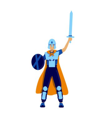 Erkek Cosplayer düz renk vektörü yüzsüz karakter. Cadılar bayramı için giyinmiş bir çocuk. Kılıçlı bir genç. Kostüm yarışması festivali web grafik tasarımı ve animasyonu için izole edilmiş çizgi film çizimi