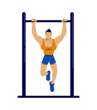 Barın düz renk vektörlü yüzü olmayan karakteri üzerinde egzersiz yapan sporcu. Sporcu barfiks çekiyor. Kaslı adam egzersiz yapıyor. Web grafik tasarımı ve animasyonu için fiziksel refah izole edilmiş karikatür çizimi