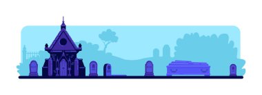 Mezarlık düz renk vektör çizimi. Mezar taşları ve eski mezarlık binası. Cenaze töreni için tabut. Arka planda mezar taşları ve ağaçlar olan ürkütücü mezarlık 2D karikatür manzarası