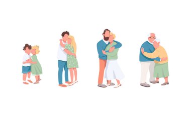 Farklı nesil düz renk vektörü yüzsüz karakterler ayarlandı. Erkek sarılan kız. Sevgilisi ve kız arkadaşı. Aşk ilişkisi beyaz arkaplanda izole edilmiş çizgi film çizimleri