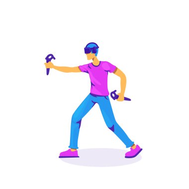 Yüzsüz karakteri canlandırmak için VR denetleyicileri. Kulaklıklı bir erkek oyuncu. Sanal gerçeklik deneyimi web grafik tasarımı ve animasyonu için izole edilmiş çizgi film çizimi