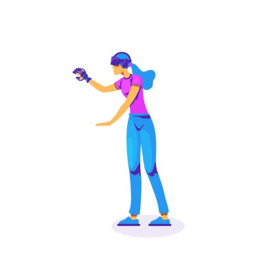 VR yenilikçi deneyim düz renk vektörü yüzsüz karakter. Eldivenli ve kulaklıklı kadın. Sanal gerçeklik deneyimi web grafik tasarımı ve animasyonu için izole edilmiş çizgi film çizimi
