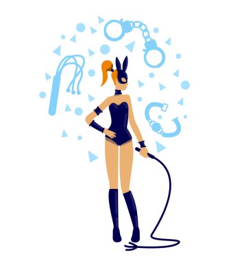 BDSM mistress flat concept vector illustration. Erotic play. Sexual foreplay. Woman in latex costume with whip. Dominatrix 2D cartoon characters for web design. Subculture creative idea clipart