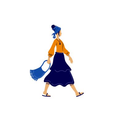 Bohem tarzı kadın düz renk vektörü yüzsüz karakter. Çingene kıyafetli genç bir kadın. Müzik festivali kıyafeti. Web grafik tasarımı ve animasyonu için Boho moda izole çizgi film çizimi