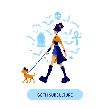 Viktorya kıyafetleri içinde sosyal medya mankeni yapan bir kız. Gotik alt kültür ifadesi. Web pankartı tasarım şablonu. Emo stili yükseltici, yazıtlı içerik düzeni. Poster, baskı reklamları ve düz çizim fikri