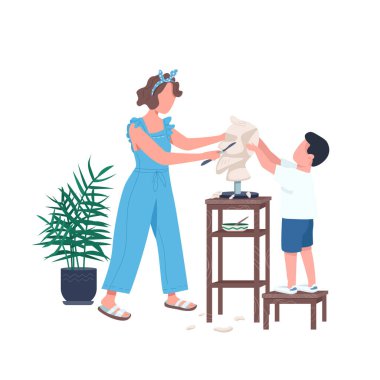 Düz renk vektörlü, yüzü olmayan bir karakter. Anne oğluna mermer oymada yardım et. Ebeveyn ve çocuk için boş zaman. Web grafik tasarımı ve animasyonu için yaratıcı hobi karikatür çizimi
