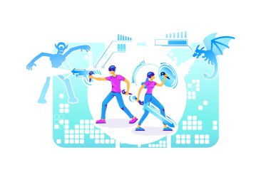 Savaşçı simülatörü 2D vektör web afişi, poster. VR kulaklıklı oyuncu grubu ve çizgi film arka planında düz karakterler. Eğlence için simülatör. AR video oyunu renkli sahne