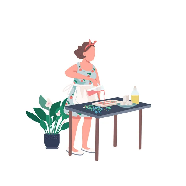 创意女性平面彩色矢量无脸字符 家庭主妇做Diy肥皂 工艺的配方 创造性的自我表达 用于网页平面设计和动画的霍比孤立卡通画 — 图库矢量图片