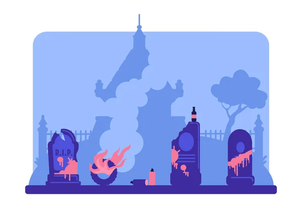 Вандализм Плоская Цветовая Иллюстрация Сломанные Надгробия Краске Загрязненное Кладбище Кладбище — стоковый вектор
