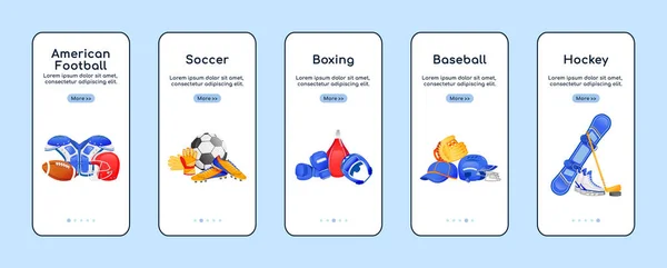 スポーツ用品オンボーディングモバイルアプリ画面フラットベクトルテンプレート アメリカンフットボール 白の上に隔離された文字で歩くウェブサイトのステップ Guiスマートフォン漫画インターフェース — ストックベクタ