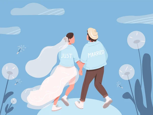 幸せなカップルフラットカラーベクトルイラストと結婚 花嫁と新郎の手を握って 若い妻と夫が一緒にバックビュー青い空と花を背景に2D漫画のキャラクター — ストックベクタ