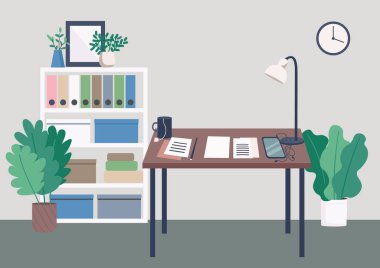 Yazarın iş yeri düz renk vektör çizimi. Üzerinde notlar ve belgeler olan çalışma masası. Serbest yazar çalışma alanı için masa. Merkez ofis 2D karikatür iç dekorasyonu arka planda