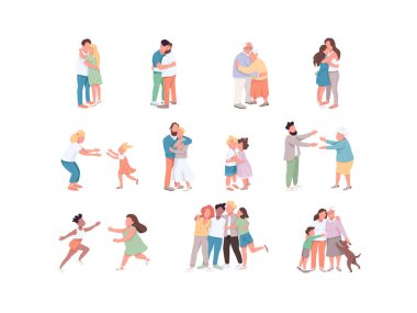 Çeşitlilik düz renk vektörü meçhul karakterler ayarlandı. Aynı cinsiyet ve heteroseksüel çift. İnsanlar sarılıyor. Kardeşler arasındaki sevgi. Topluluk sendikası beyaz arkaplanda karikatür çizimlerini izole etti