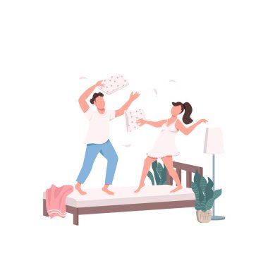 Mutlu çift aktivitesi düz renk vektörü yüzsüz karakterler. Yastık savaşı. Genç karı koca birlikte eğleniyorlar. Web grafik tasarımı ve animasyonu için izole edilmiş karikatür çizimleri.