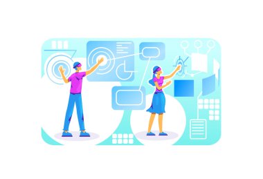 Karışık gerçeklik ürünleri 2D vektör web afişi, poster. VR gözlüklü insanlar çizgi film arka planında düz karakterler. Eğlence için simülatör. Siber uzay renkli sahnede ekrana dokun