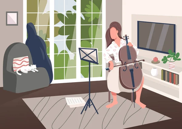 Cello Player Στο Σπίτι Επίπεδη Έγχρωμη Διανυσματική Απεικόνιση Γυναίκα Παίζει — Διανυσματικό Αρχείο