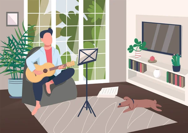 Guitarrista Casa Ilustración Vector Color Plano Hombre Toca Instrumento Musical — Vector de stock