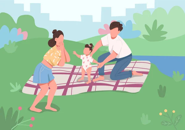 Jonge Familie Picknick Platte Kleur Vector Illustratie Moeder Vader Kind — Stockvector