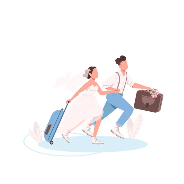 スーツケースの平色ベクトルの顔のない文字を持つ夫婦 妻と夫の新婚旅行 花嫁と新郎は一緒にウェブグラフィックデザインとアニメーションのための孤立した漫画のイラストを実行します — ストックベクタ