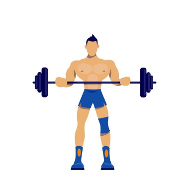 Halter düz renk vektörlü yüzsüz bir sporcu. Sporcu antrenman yapıyor. Formda kaslı bir adam. Web grafik tasarımı ve animasyonu için izole edilmiş ağırlık kaldırma karikatür çizimi