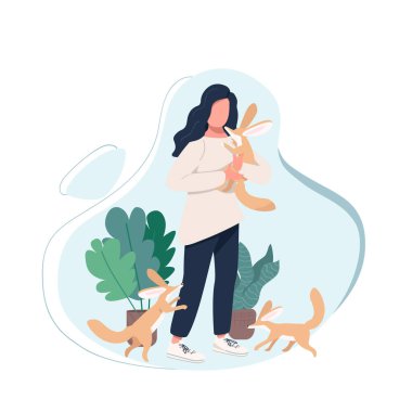 Egzotik hayvan sahibi düz renk vektörü yüzsüz karakter. Evcil hayvan ve dişi. Fennec tilkileri olan bir kadın. Veterinerlik, web grafik tasarımı ve animasyonu için karikatür çizimi
